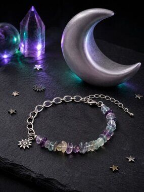 Rainbow Fluorite Bracelet Sun Charm Whimsigoth Celestial Silver Plated 7.5"